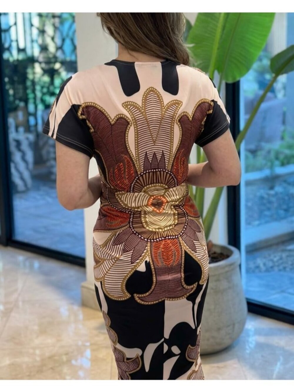 Women Print Brown Polyester Elastane Floral Print V Neck Slit Bodycon Midi Dress - Picture 6 of 6